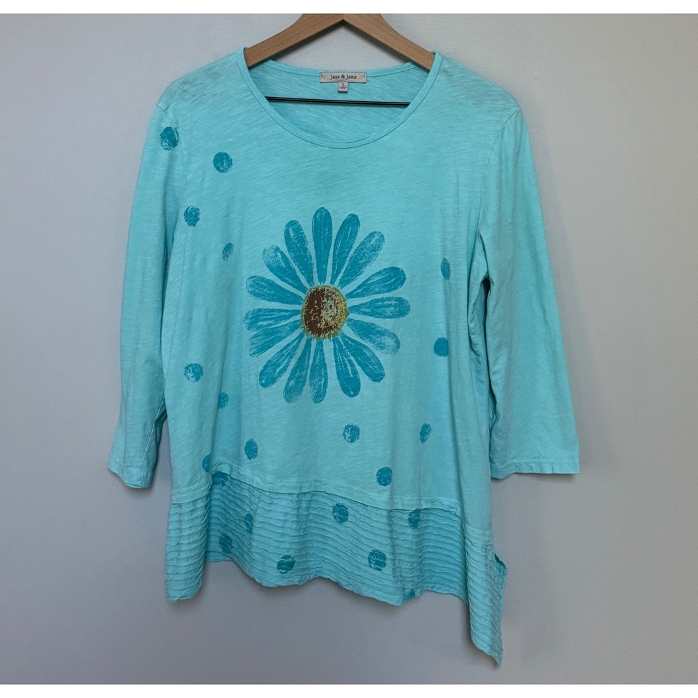 Jess & Jane Daisy Polka Dot Asymmetrical Ruffle Tunic Top Turquoise Blue Size L
